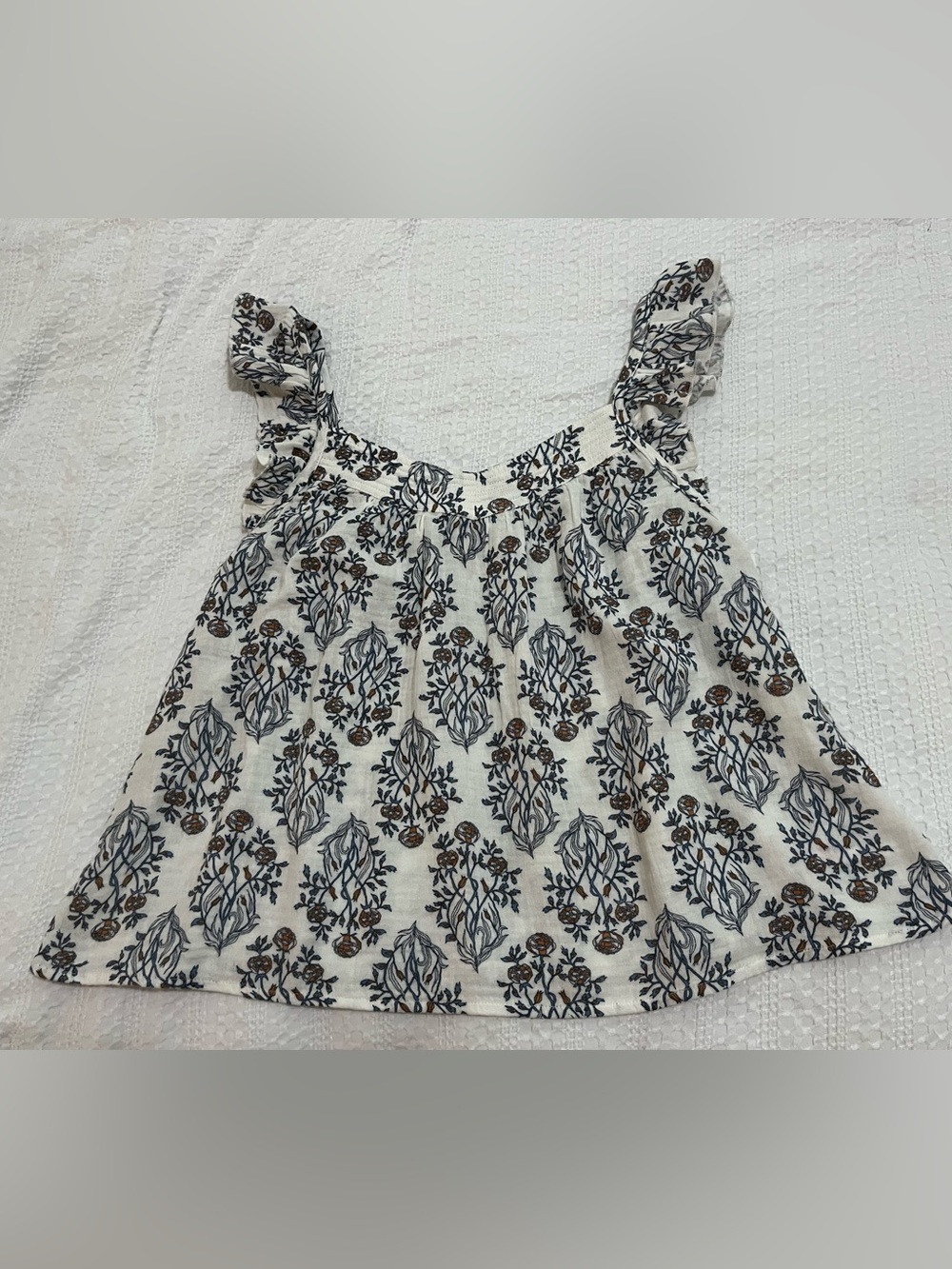 Rachel Zoe Cream Tank Top with Navy & Brown Floral Print Sz M Cotton Gauze